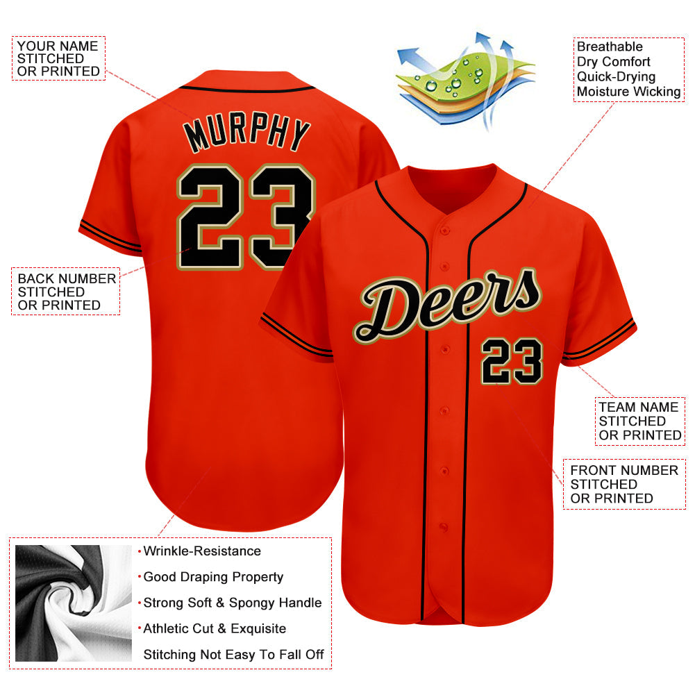 Custom Orange Black-Old Gold Authentic Baseball Jersey view 3