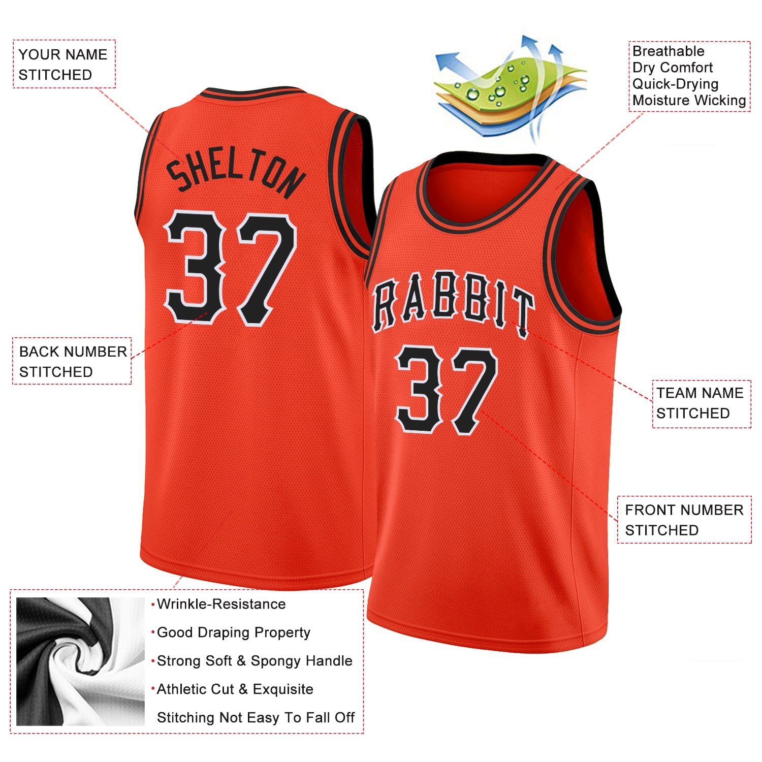 Custom Orange Black-White Round Neck Rib-Knit Basketball Jersey view 2