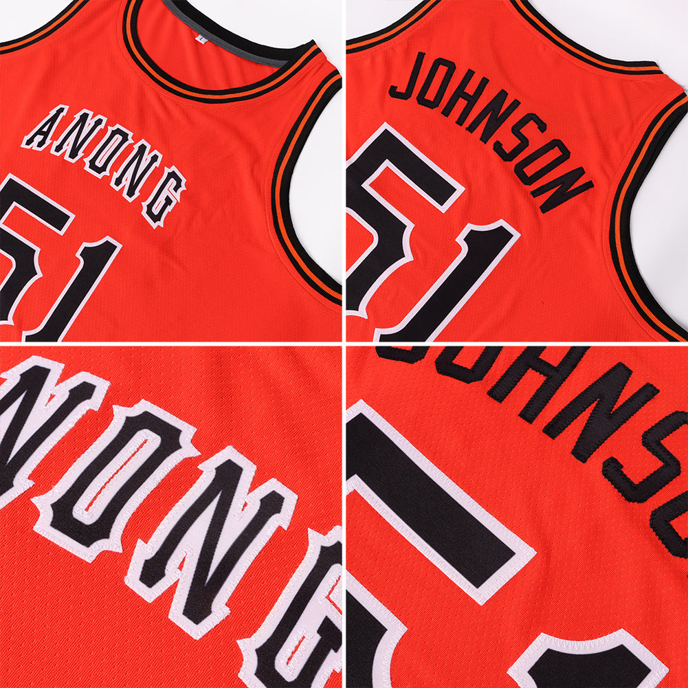Custom Orange Black-White Round Neck Rib-Knit Basketball Jersey view 5