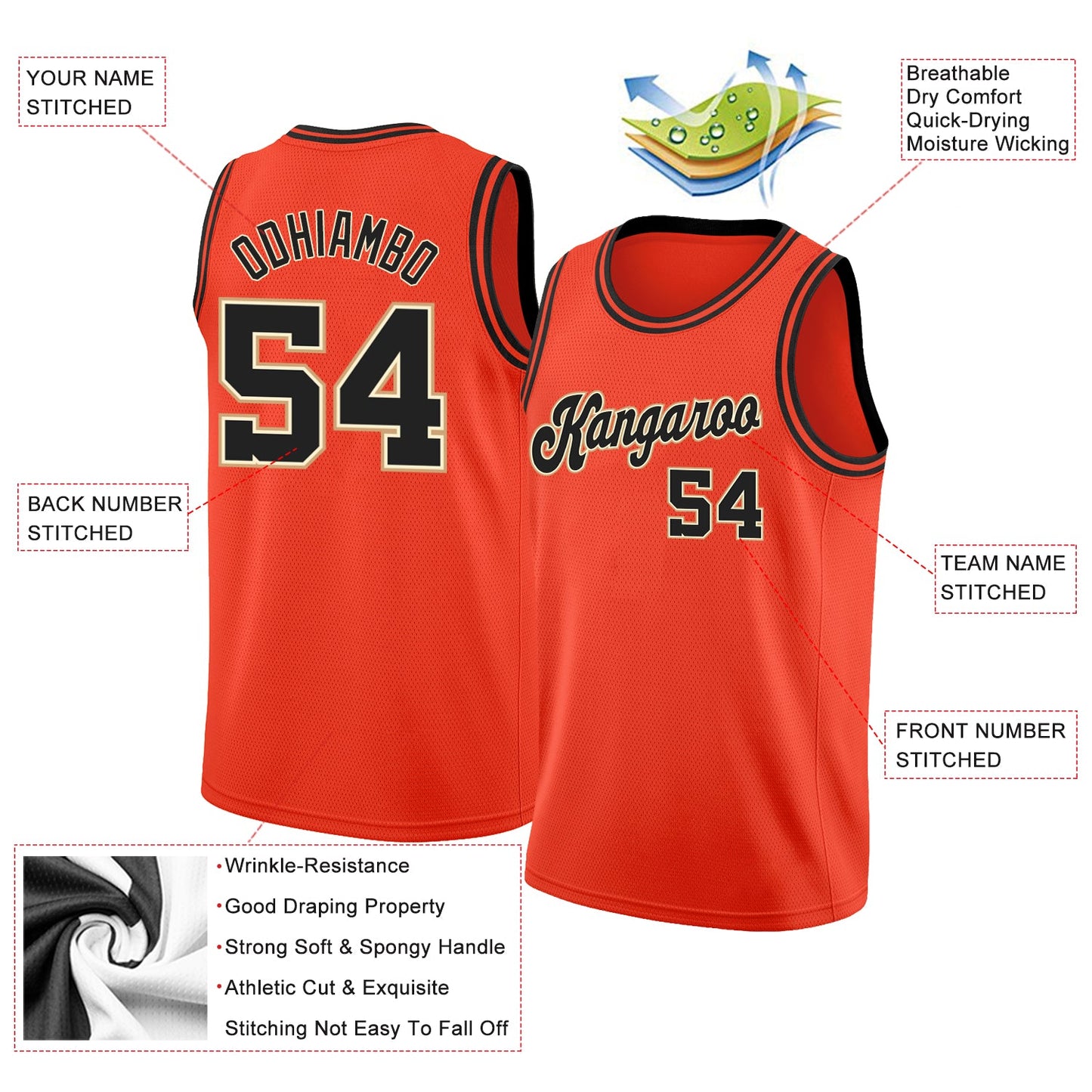 Custom Orange Black-Cream Round Neck Rib-Knit Basketball Jersey view 2