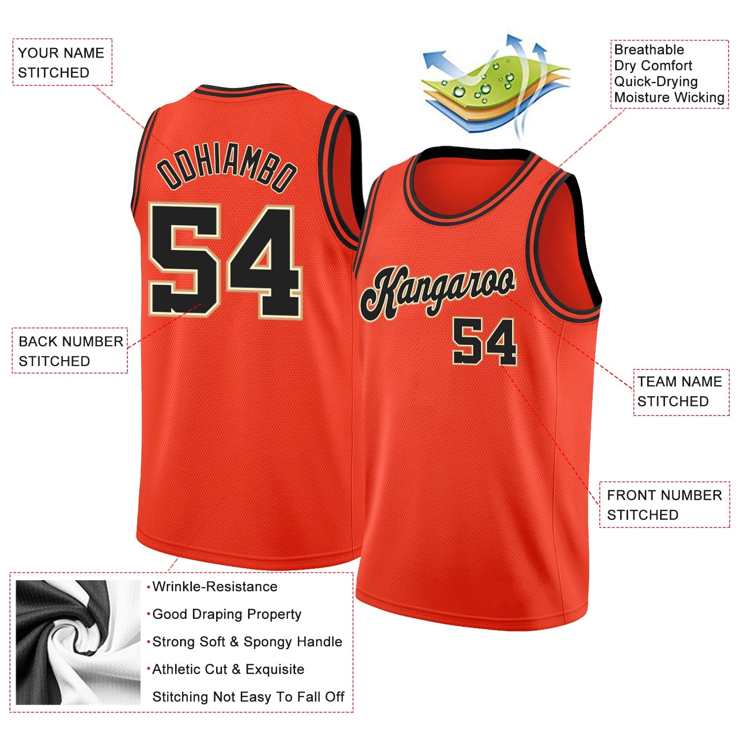 Custom Orange Black-Cream Round Neck Rib-Knit Basketball Jersey view 2