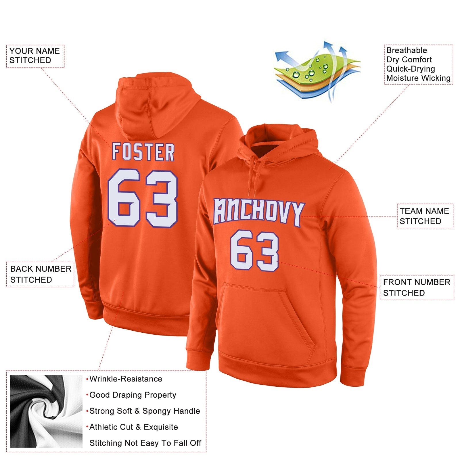 Custom Stitched Orange White-Purple Sports Pullover Sweatshirt Hoodie view 4
