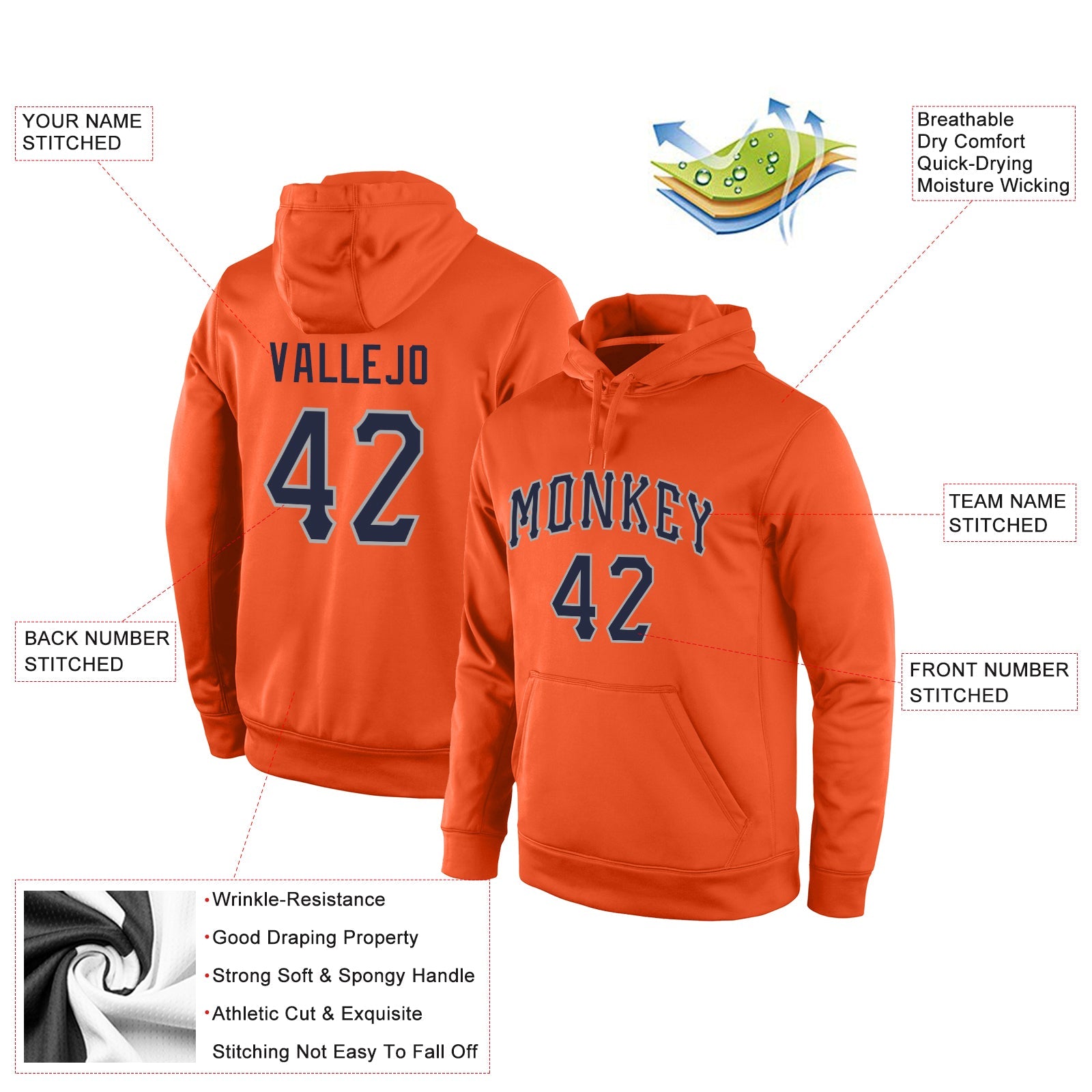 Custom Stitched Orange Navy-Gray Sports Pullover Sweatshirt Hoodie view 4