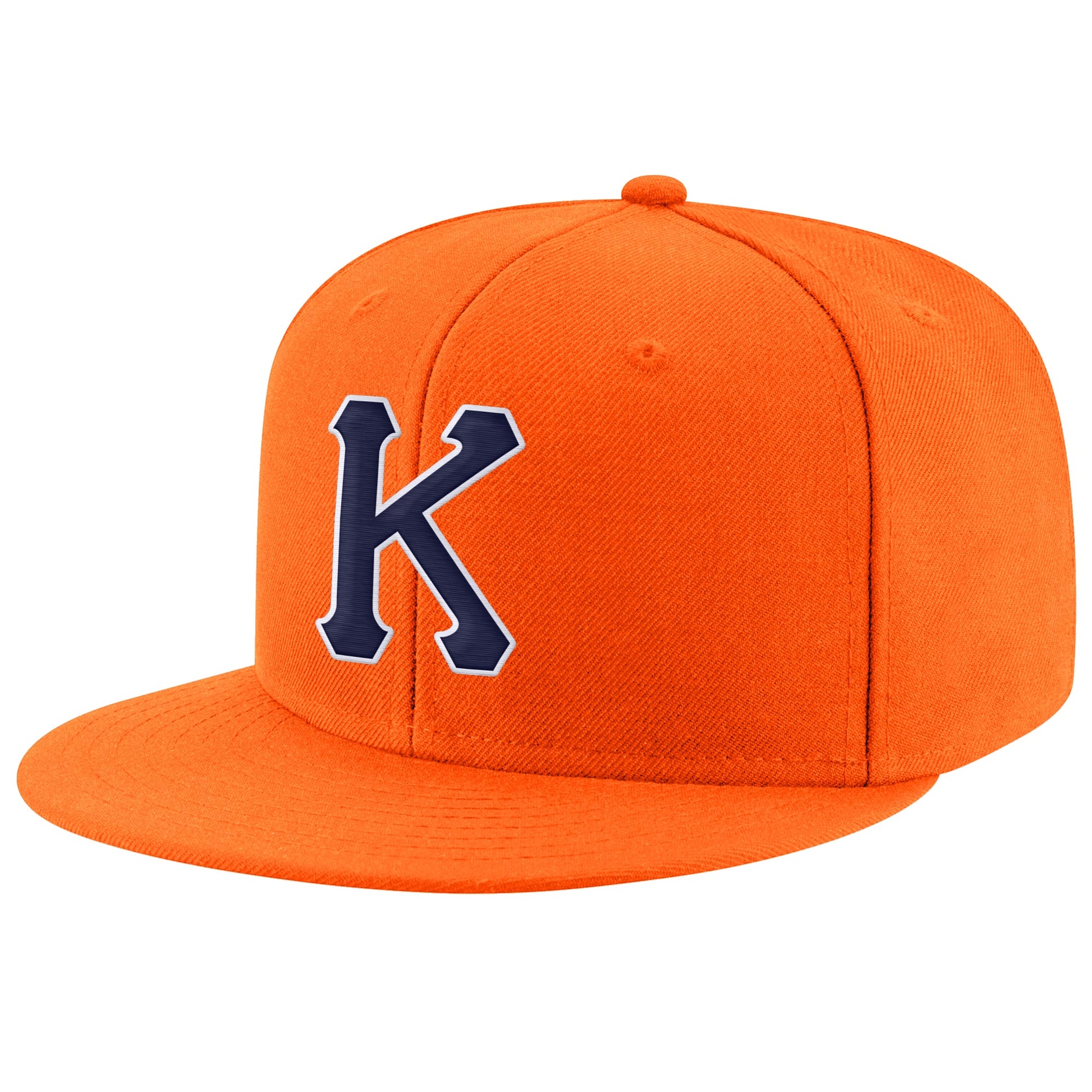 Custom Orange Navy-White Stitched Adjustable Snapback Hat - Main View