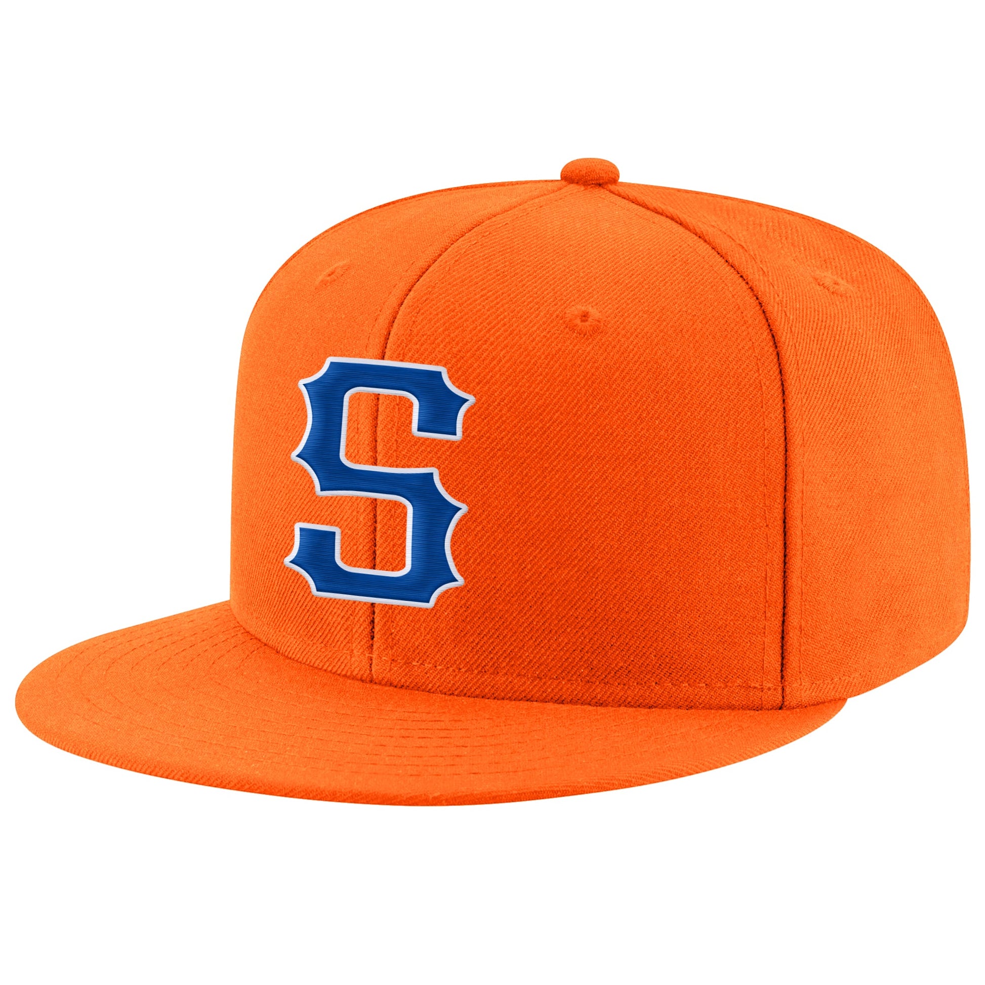 Custom Orange Royal-White Stitched Adjustable Snapback Hat - Main View