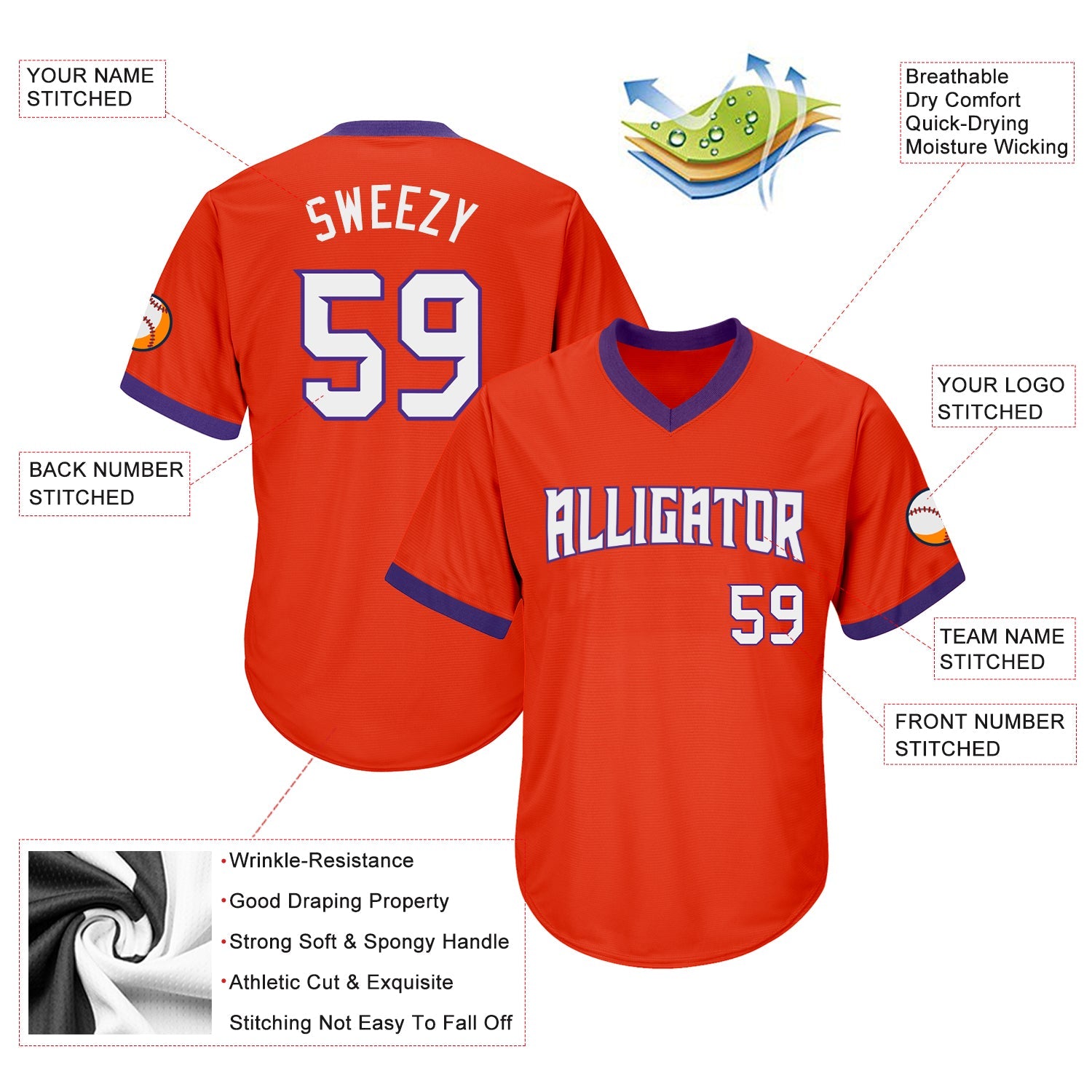 Custom Orange White-Purple Authentic Throwback Rib-Knit Baseball Jersey Shirt view 4
