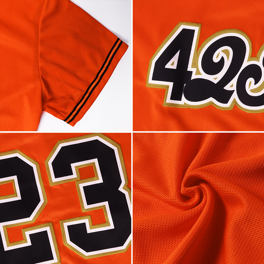 Custom Orange Black-Old Gold Authentic Throwback Rib-Knit Baseball Jersey Shirt view 7
