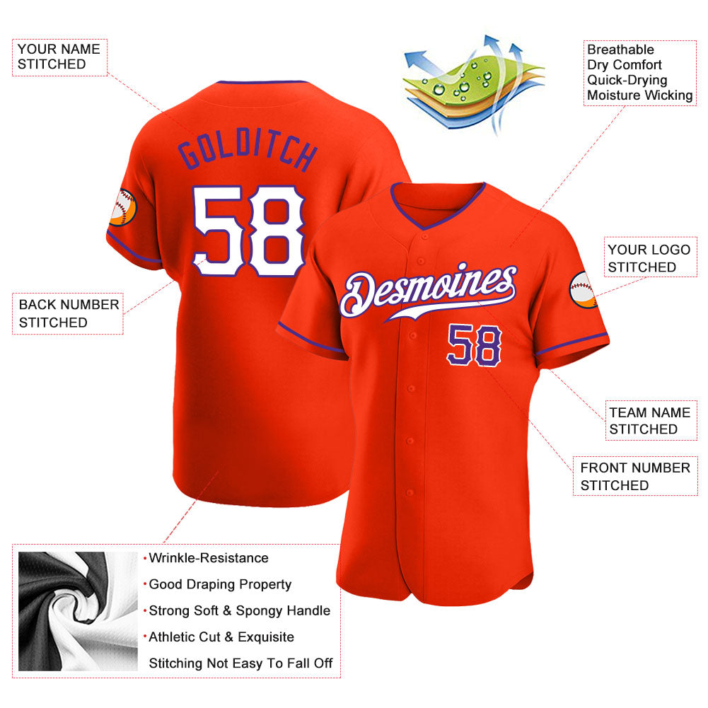 Custom Orange White-Purple Authentic Baseball Jersey view 3