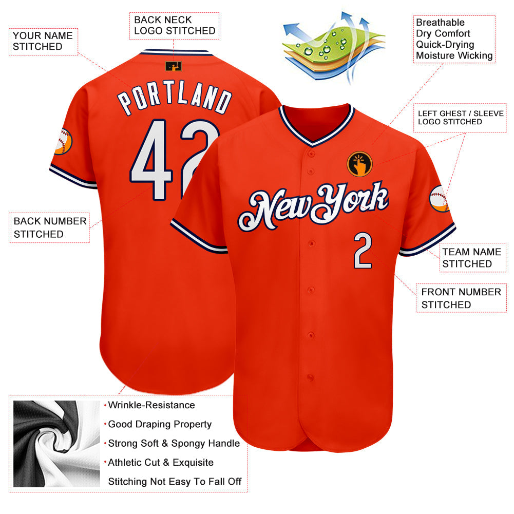 Custom Orange White-Navy Authentic Baseball Jersey view 3