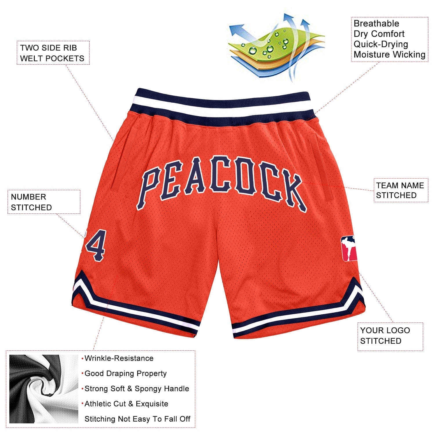 Custom Orange Navy-White Authentic Throwback Basketball Shorts view 2