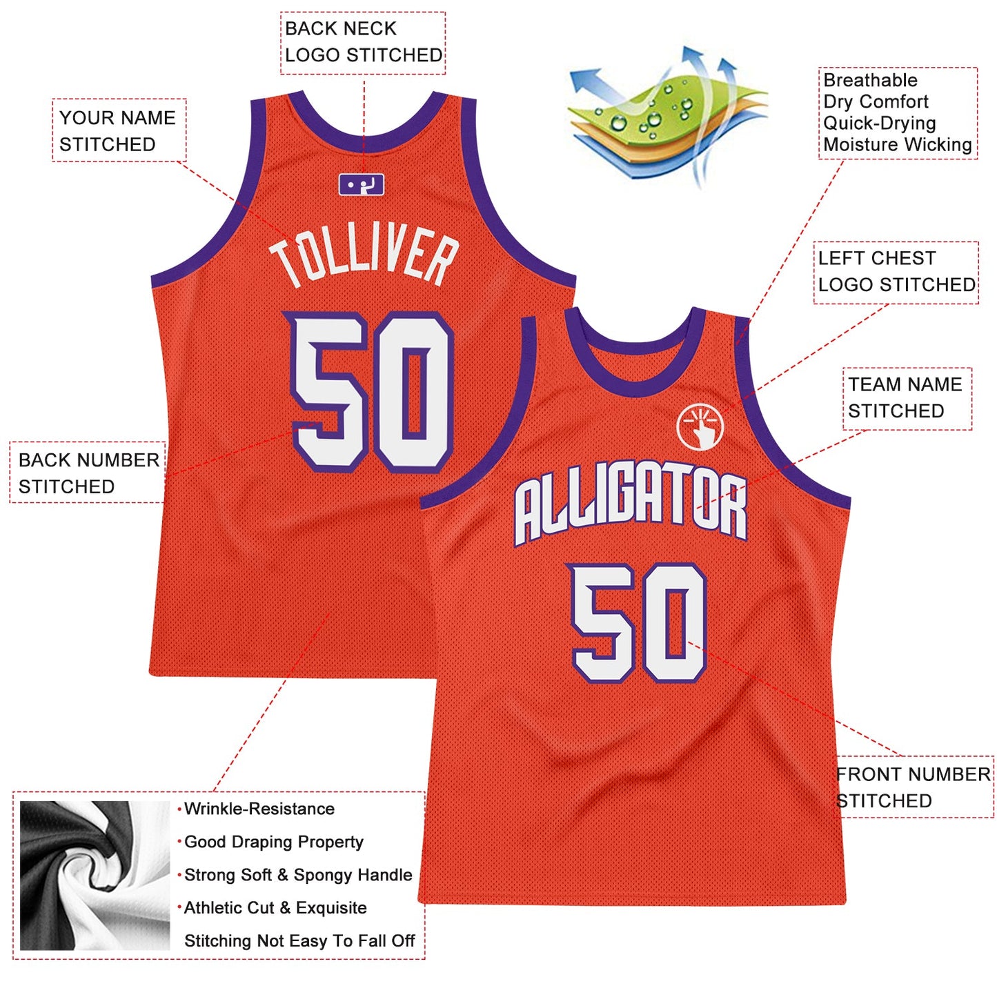 Custom Orange White-Purple Authentic Throwback Basketball Jersey view 2