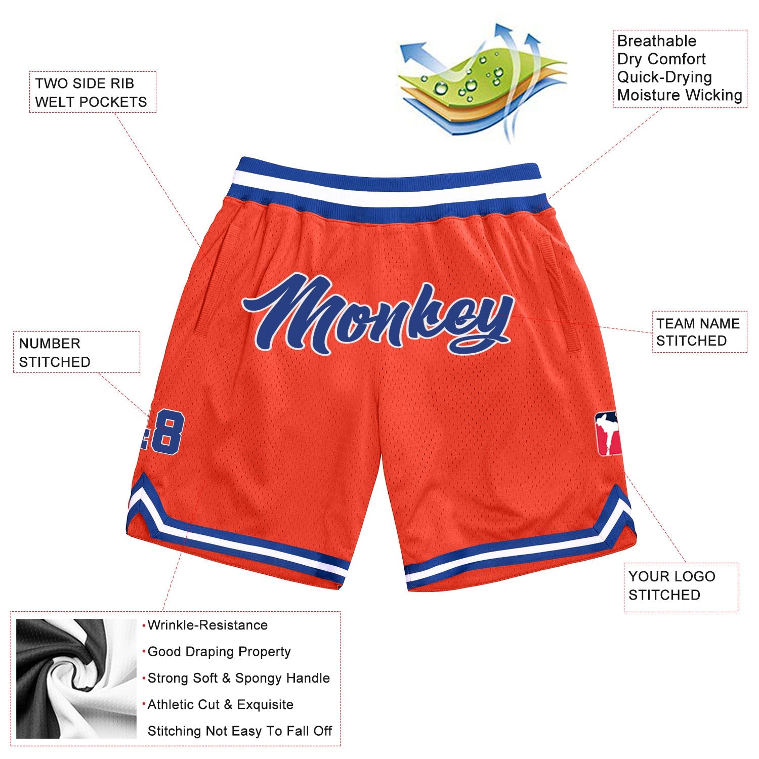 Custom Orange Royal-White Authentic Throwback Basketball Shorts view 2