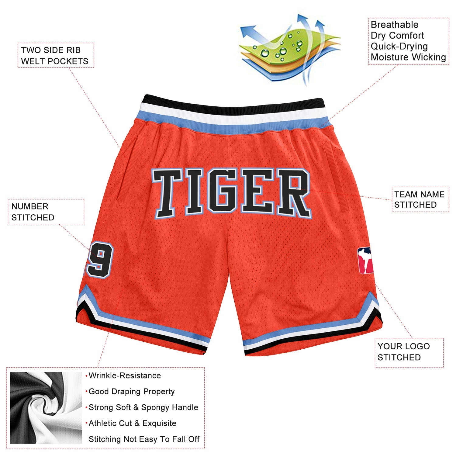 Custom Orange Black-Light Blue Authentic Throwback Basketball Shorts view 2