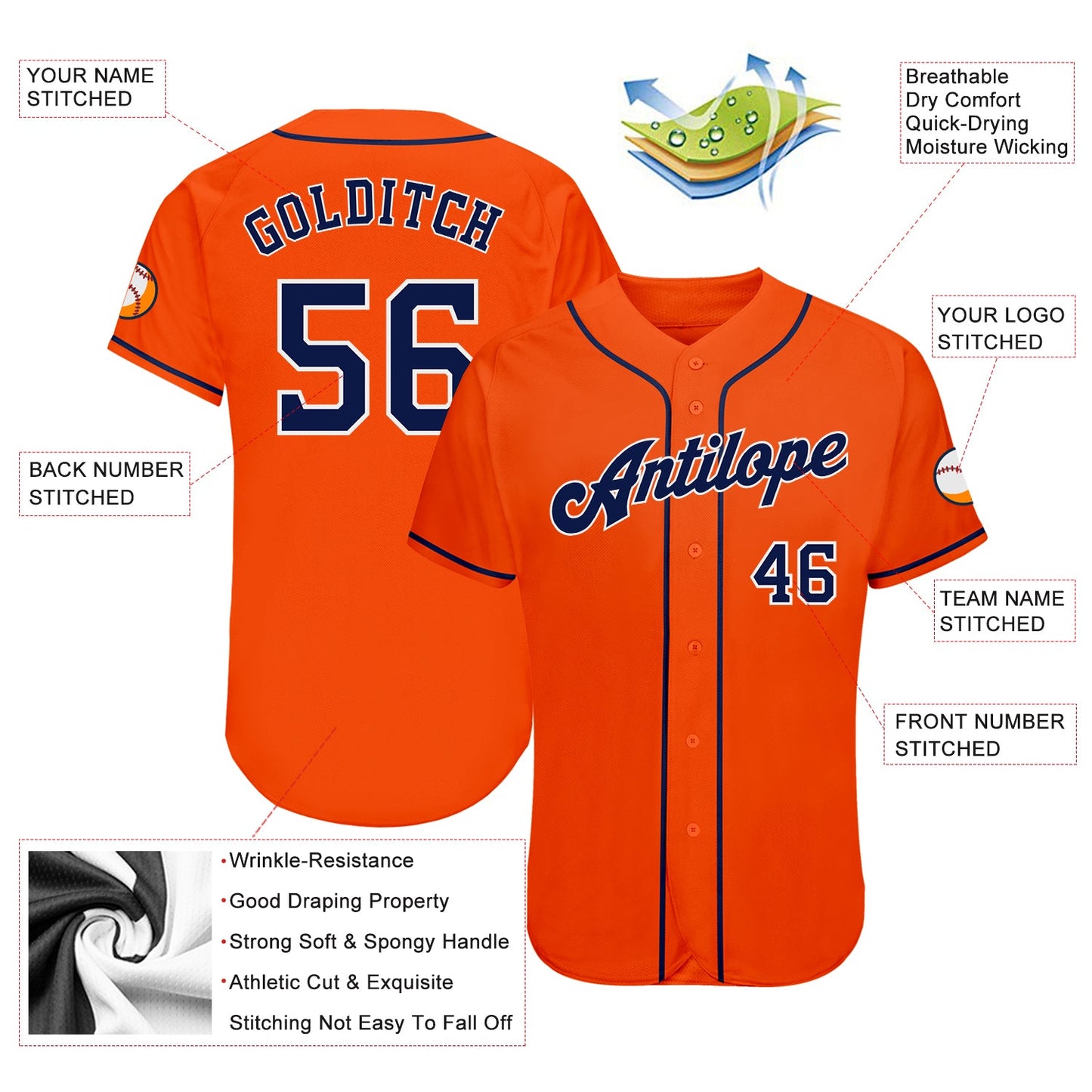Custom Orange Navy-White Authentic Baseball Jersey view 3