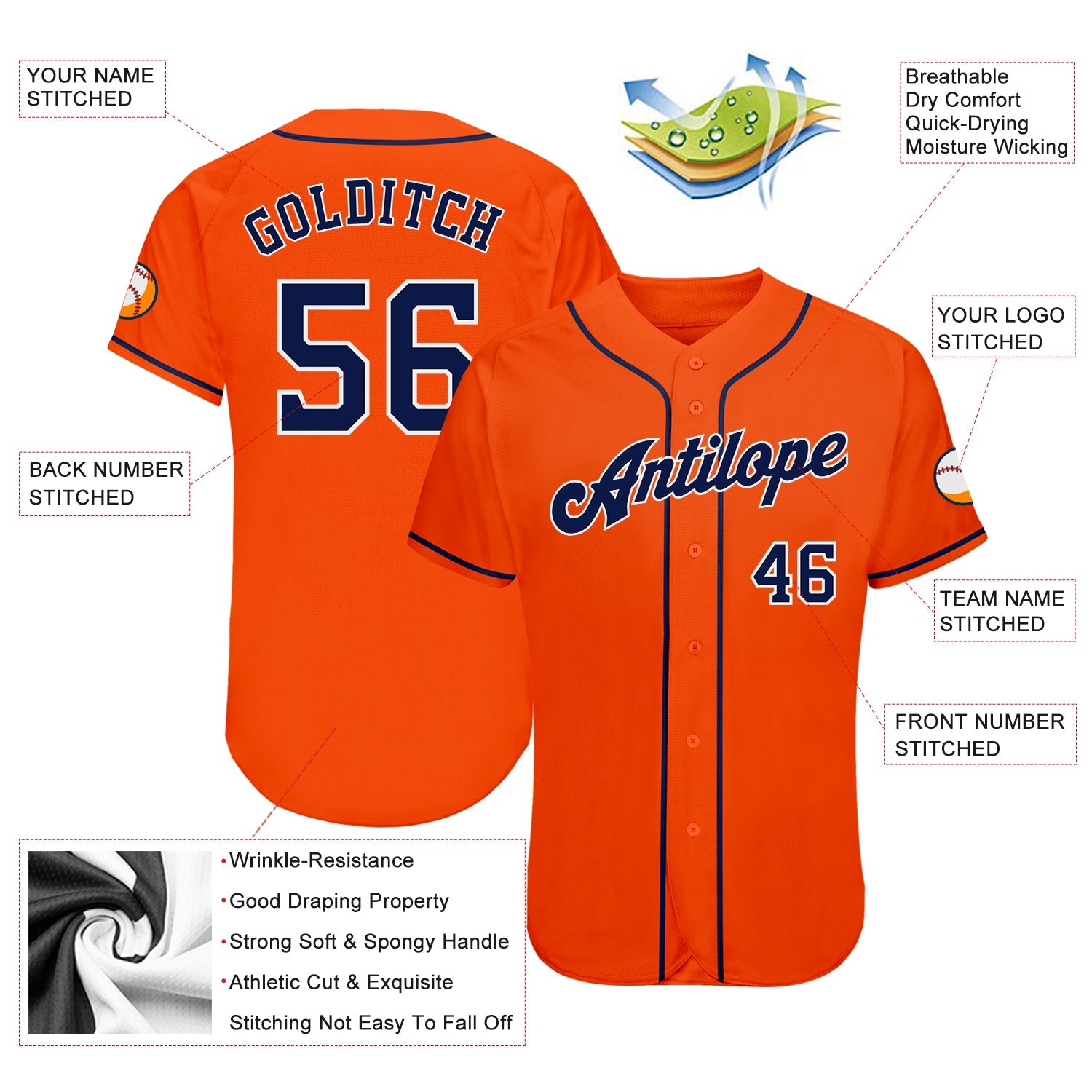 Custom Orange Navy-White Authentic Baseball Jersey view 3