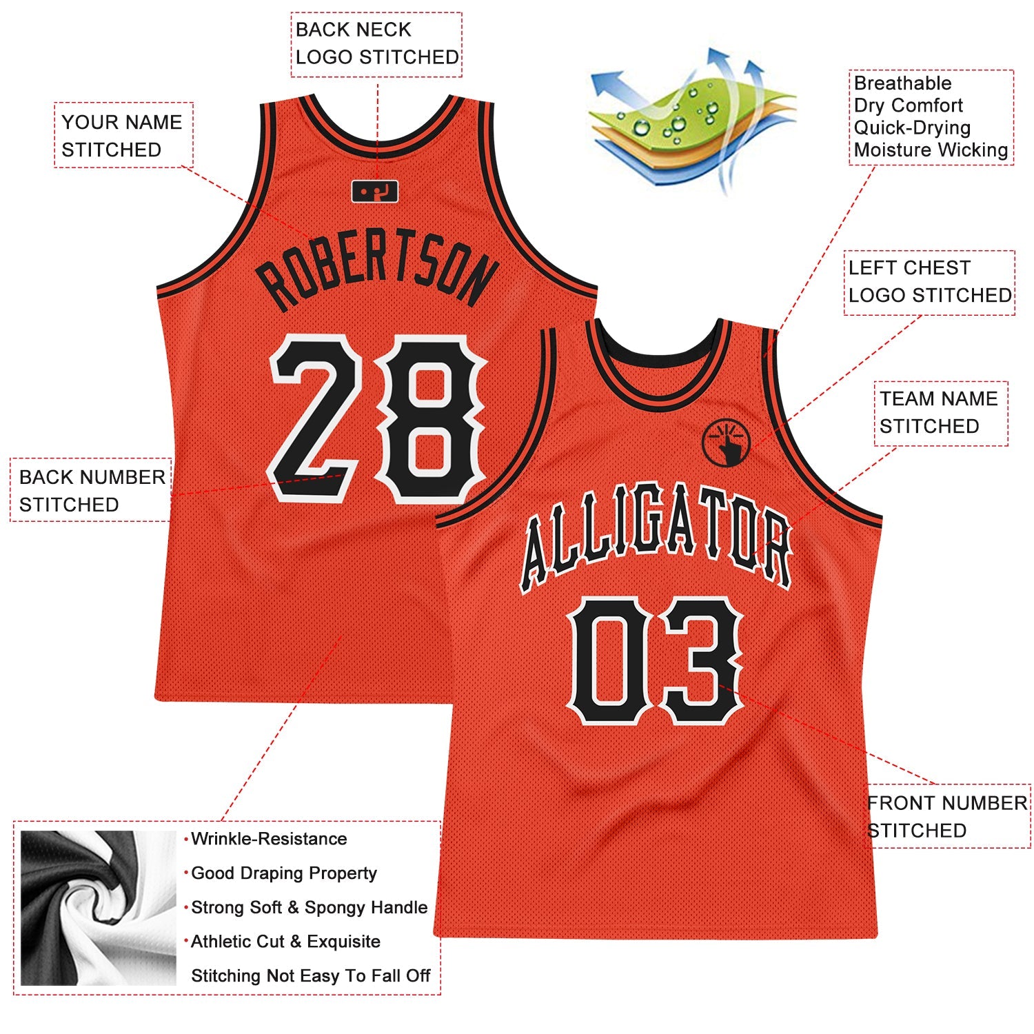 Custom Orange Black-White Authentic Throwback Basketball Jersey view 2