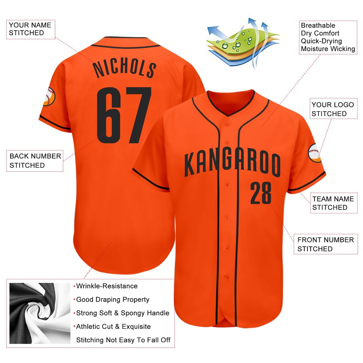 Custom Orange Black Authentic Baseball Jersey view 3