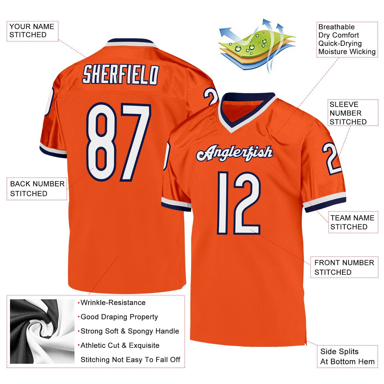 Custom Orange White-Navy Mesh Authentic Throwback Football Jersey view 4