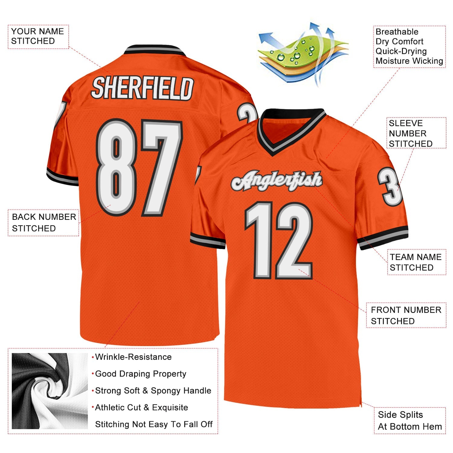 Custom Orange White-Black Mesh Authentic Throwback Football Jersey view 4