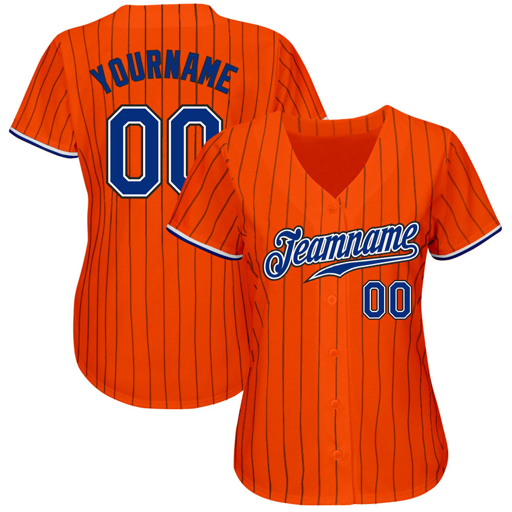 Custom Orange Black Pinstripe Royal-Black Authentic Baseball Jersey view 2