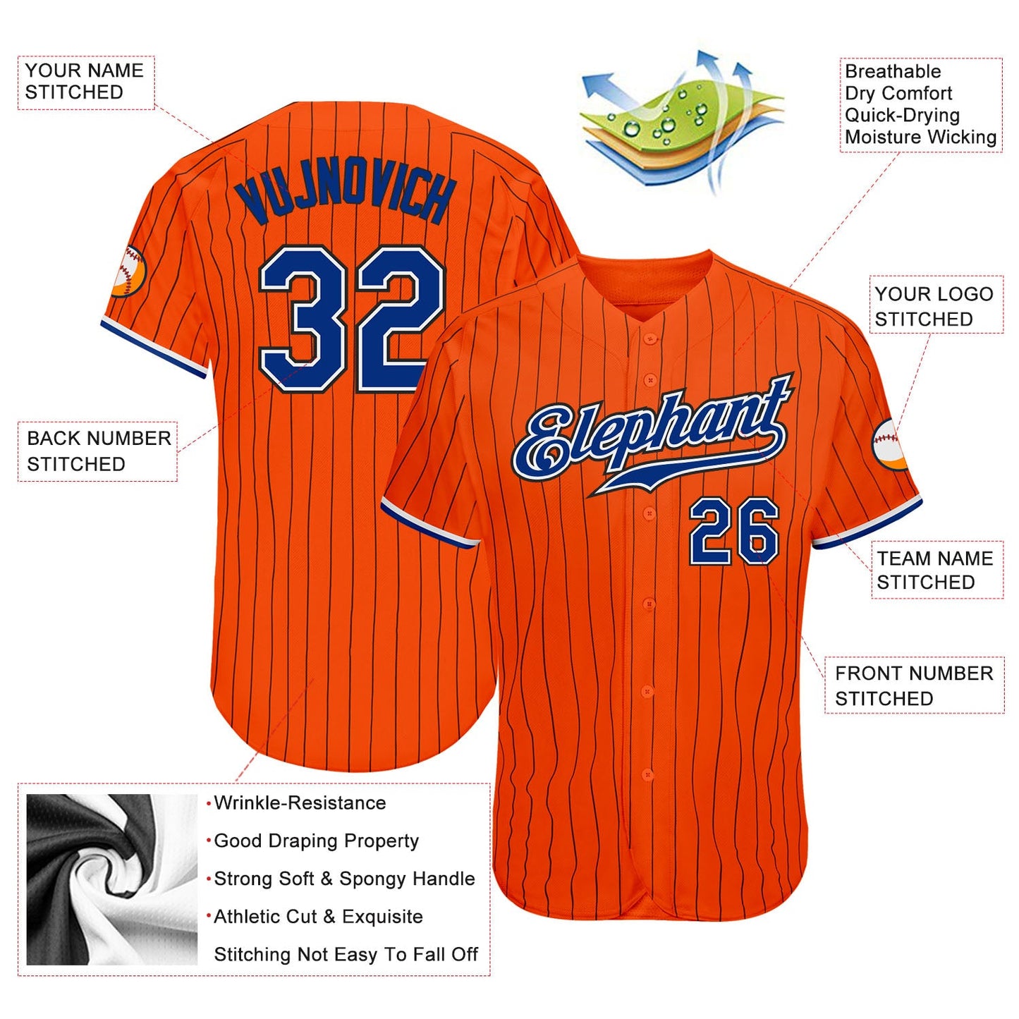 Custom Orange Black Pinstripe Royal-Black Authentic Baseball Jersey view 3
