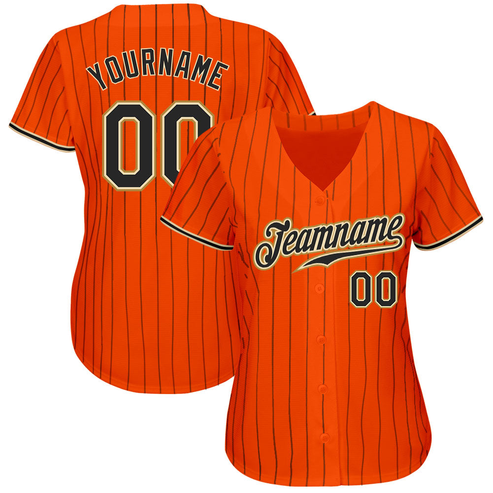 Custom Orange Black Pinstripe Black-Old Gold Authentic Baseball Jersey view 2