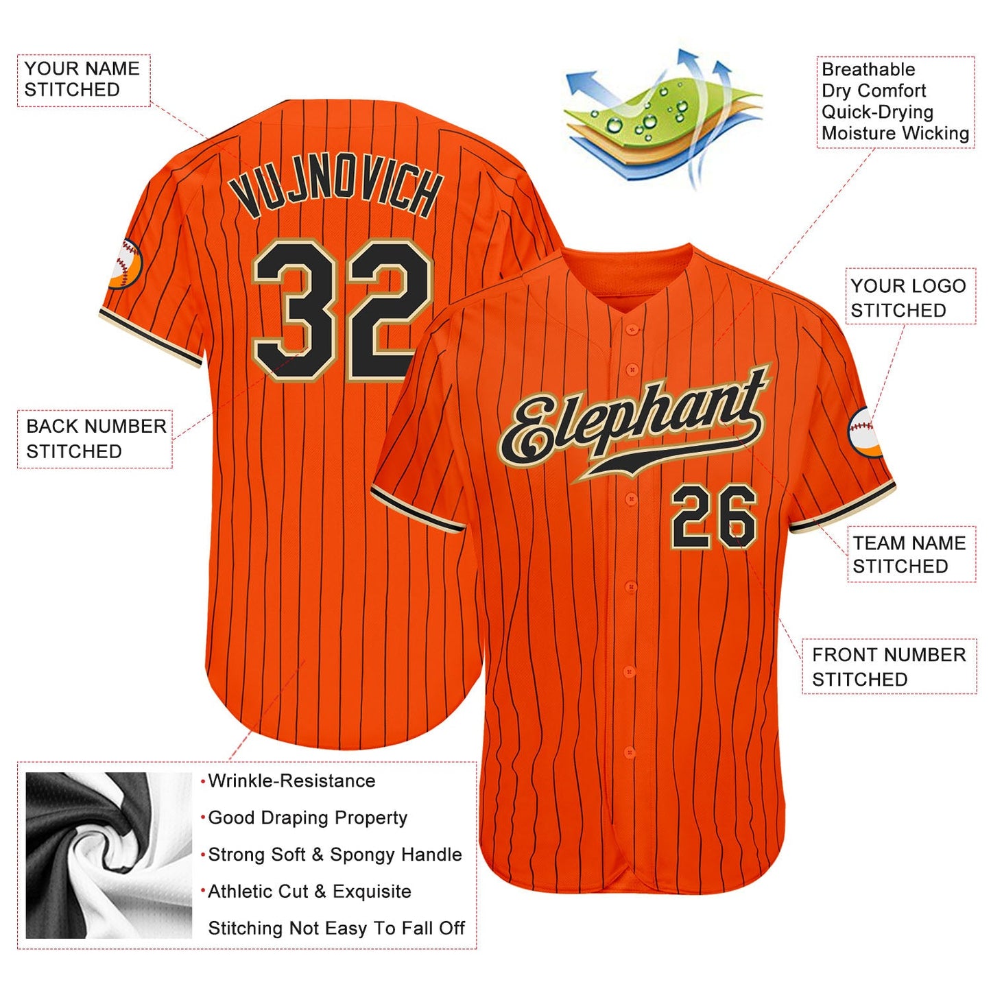 Custom Orange Black Pinstripe Black-Old Gold Authentic Baseball Jersey view 3