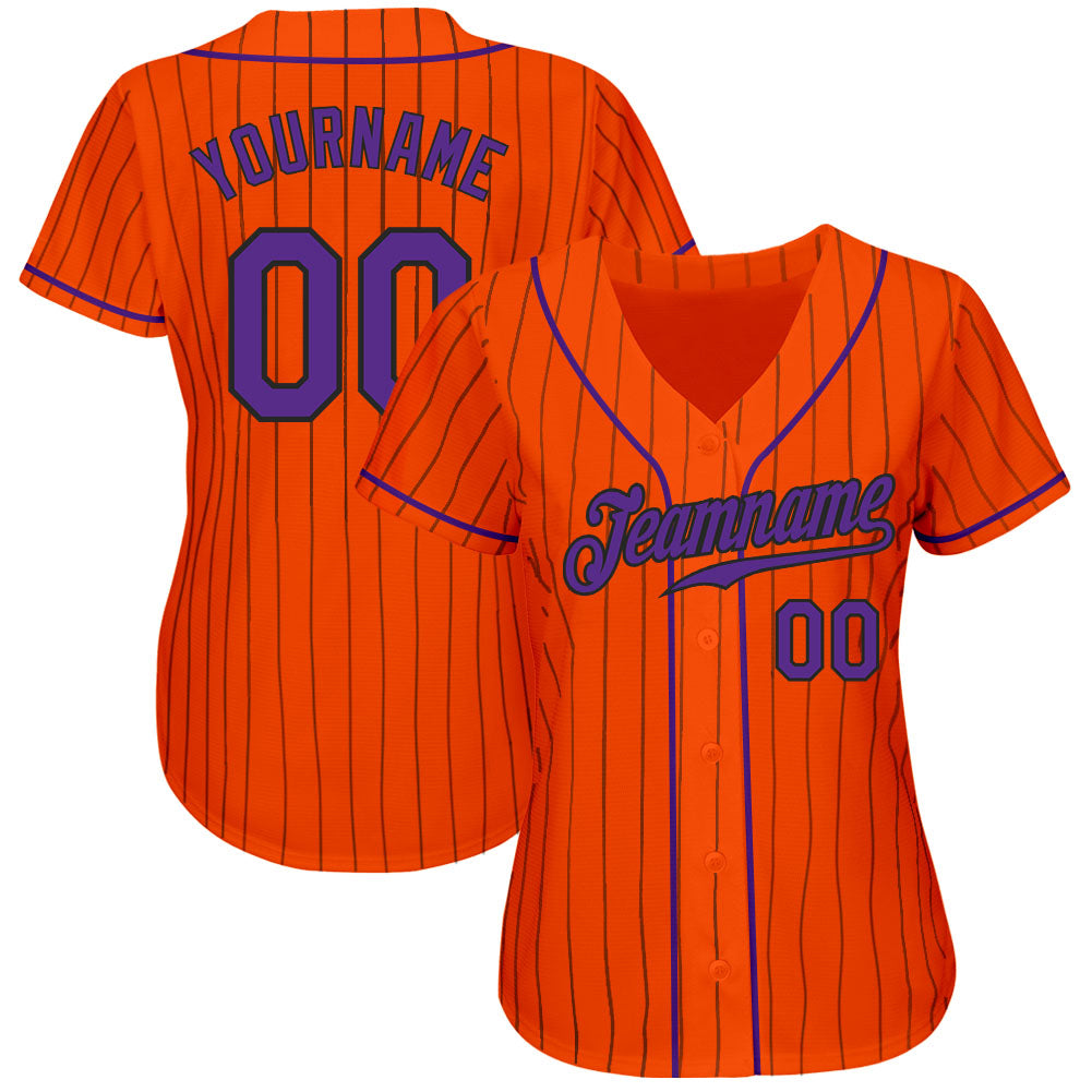 Custom Orange Black Pinstripe Purple-Black Authentic Baseball Jersey view 2