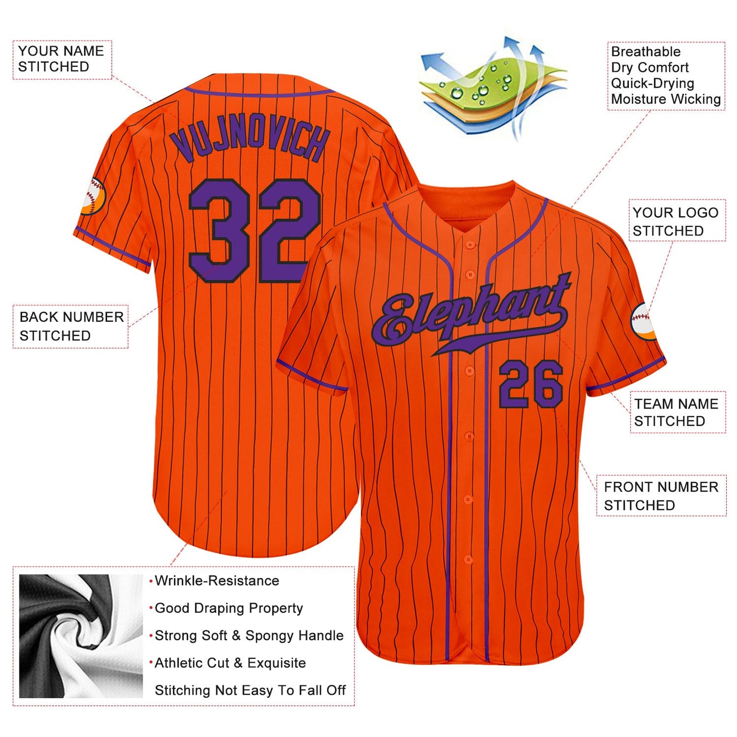 Custom Orange Black Pinstripe Purple-Black Authentic Baseball Jersey view 3