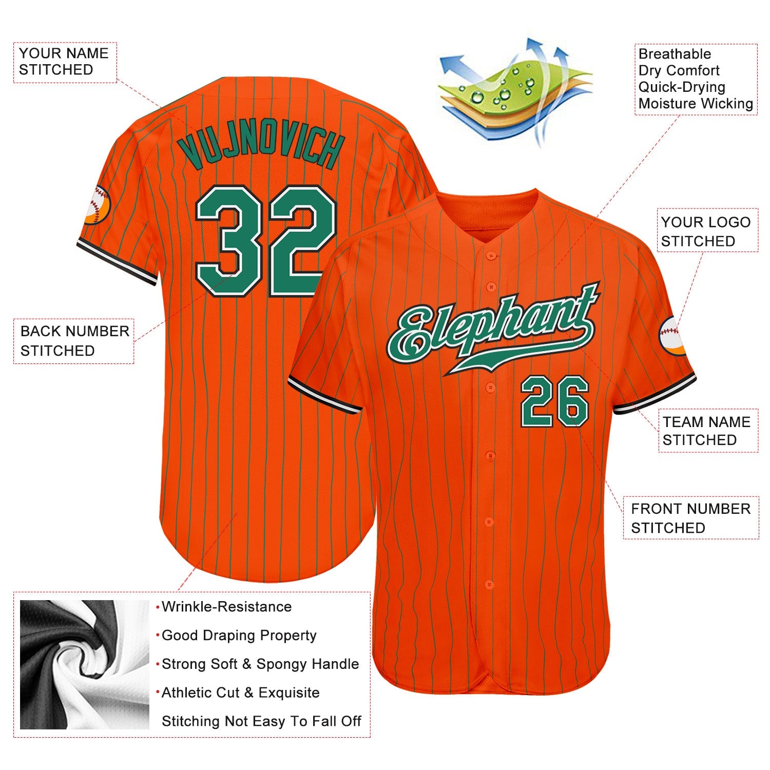 Custom Orange Kelly Green Pinstripe Kelly Green-Black Authentic Baseball Jersey view 3