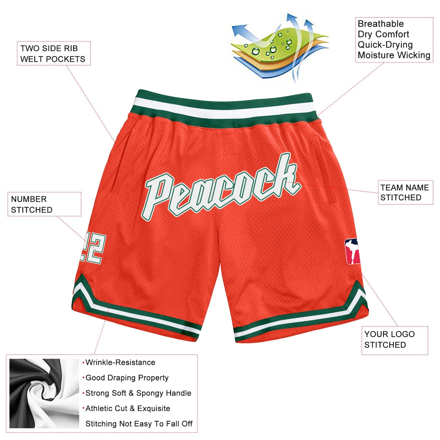 Custom Orange White-Hunter Green Authentic Throwback Basketball Shorts view 2