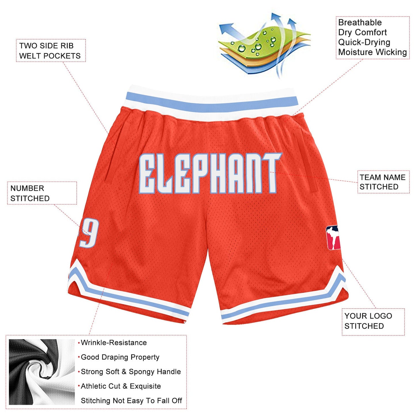 Custom Orange White-Light Blue Authentic Throwback Basketball Shorts view 2