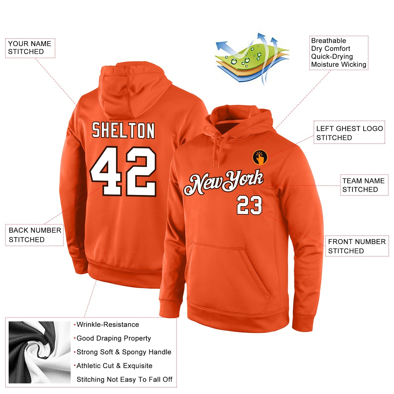 Custom Stitched Orange White-Brown Sports Pullover Sweatshirt Hoodie view 4