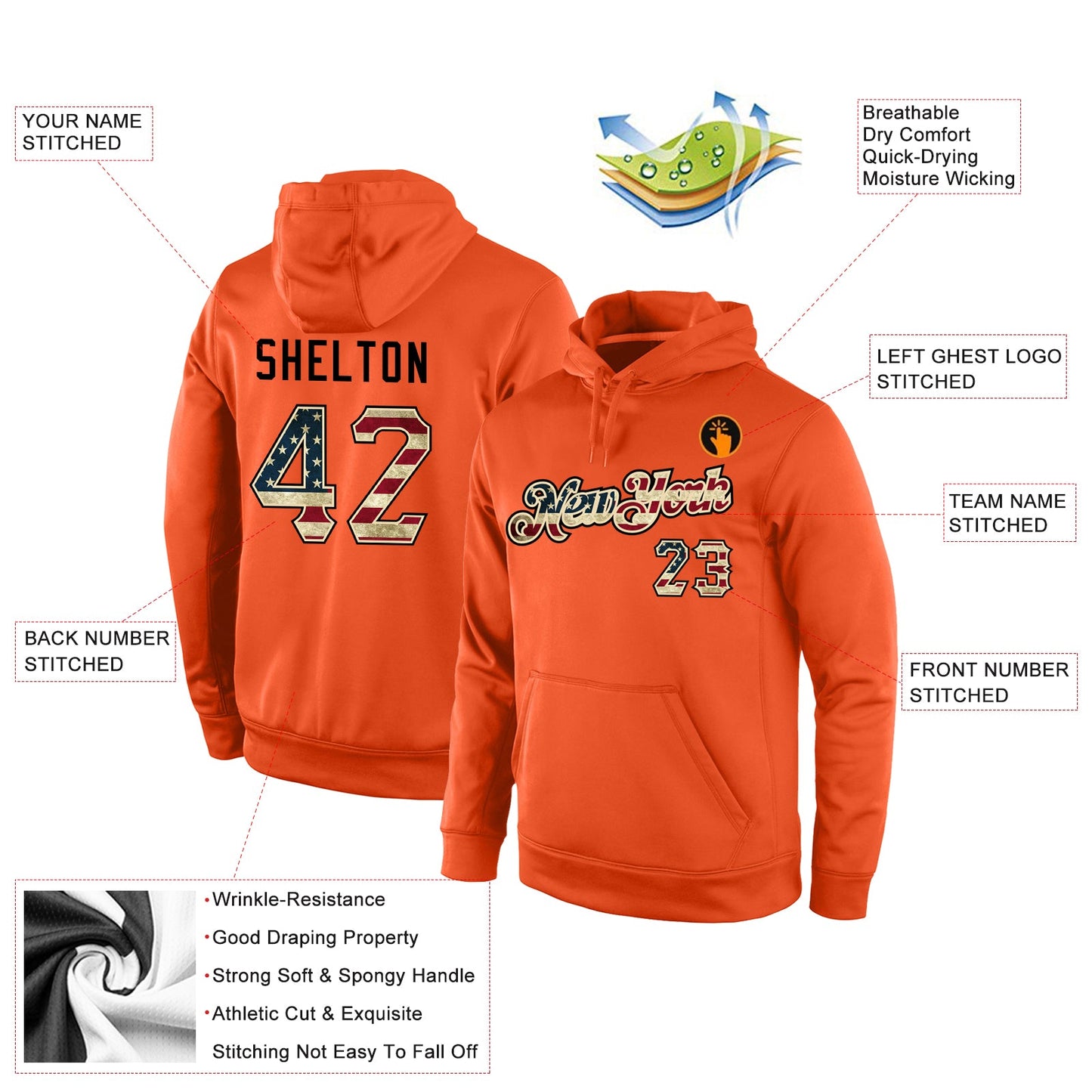 Custom Stitched Orange Vintage USA Flag-Cream Sports Pullover Sweatshirt Hoodie view 4