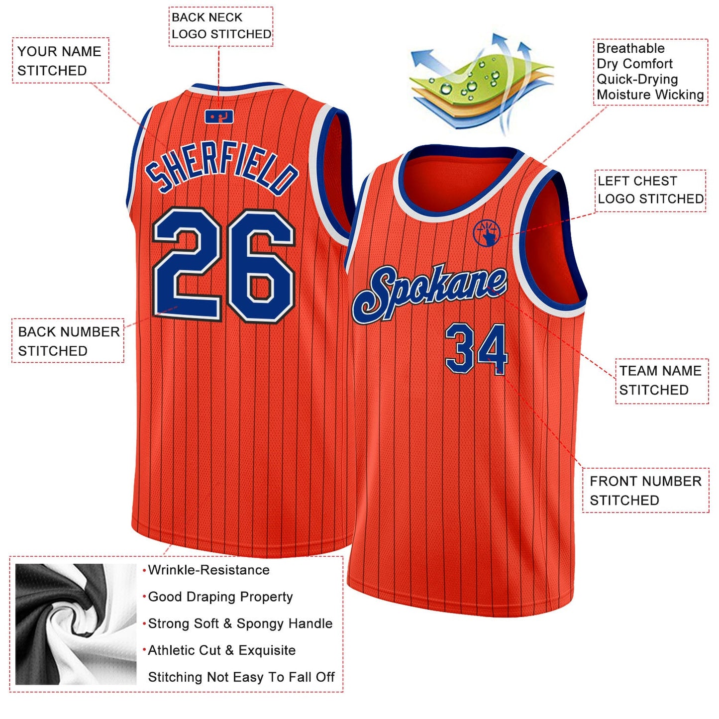 Custom Orange Black Pinstripe Royal-White Authentic Basketball Jersey view 2