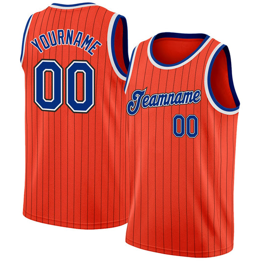 Custom Orange Black Pinstripe Royal-White Authentic Basketball Jersey - Main View