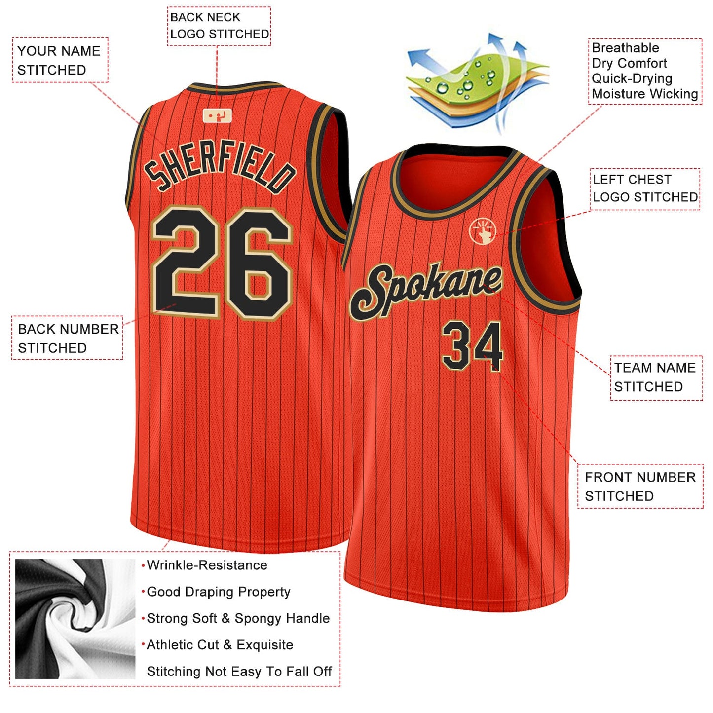 Custom Orange Black Pinstripe Black-Old Gold Authentic Basketball Jersey view 2