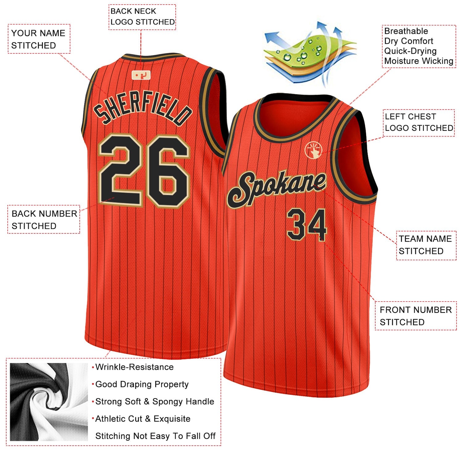 Custom Orange Black Pinstripe Black-Old Gold Authentic Basketball Jersey view 2