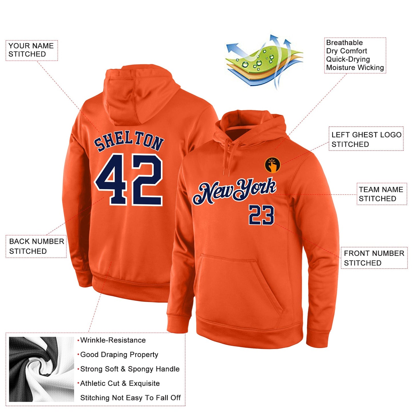 Custom Stitched Orange Navy-White Sports Pullover Sweatshirt Hoodie view 4