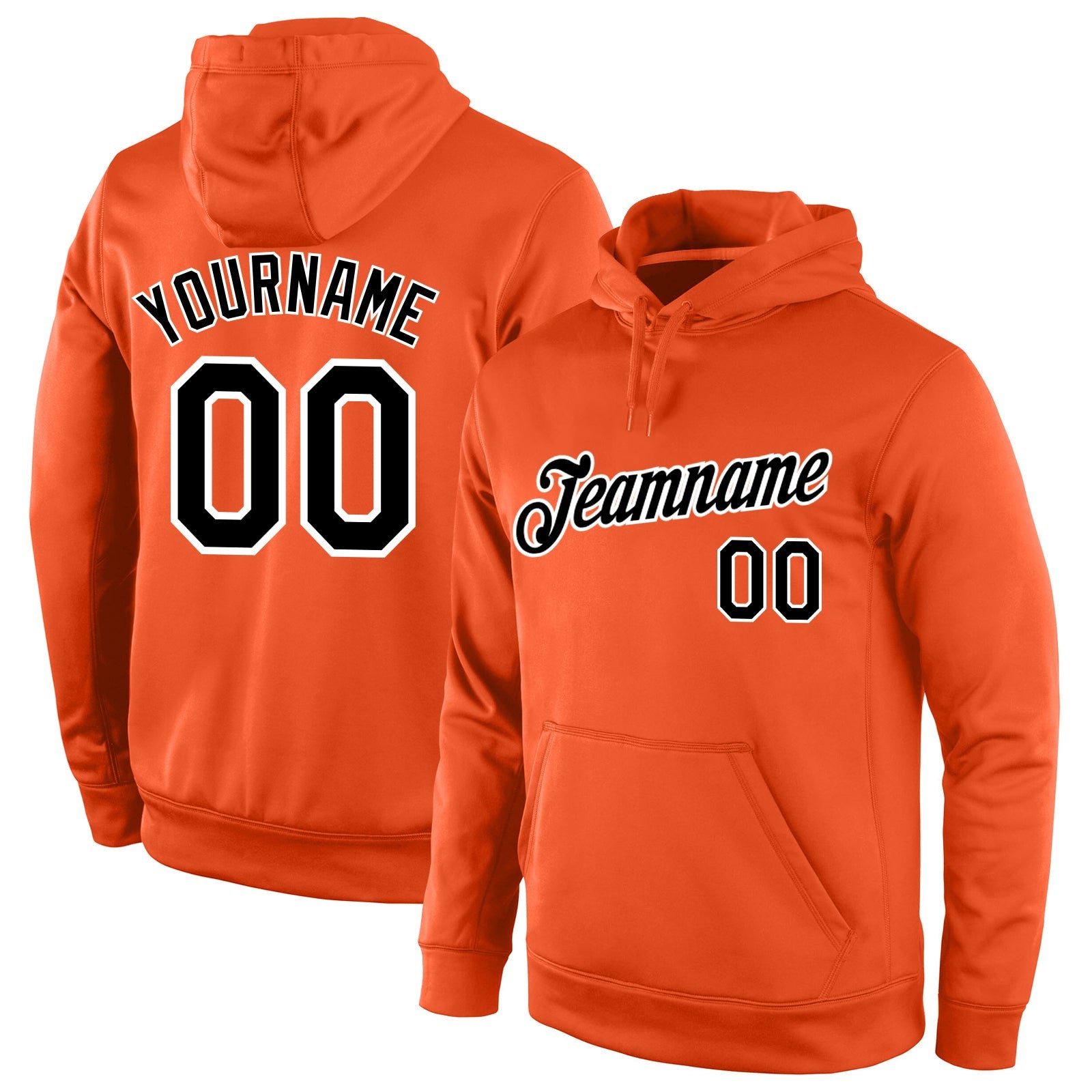 Custom Stitched Orange Black-White Sports Pullover Sweatshirt Hoodie - Main View