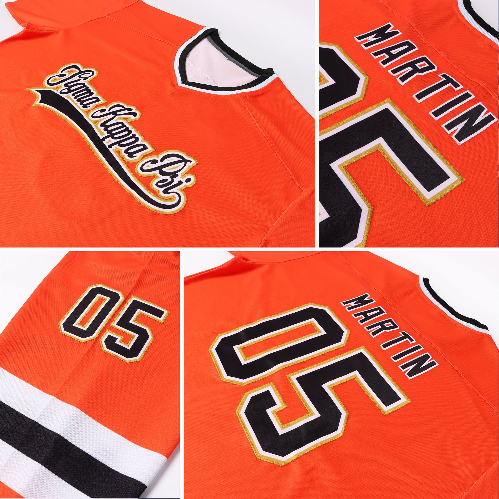 Custom Orange Black-Old Gold Hockey Jersey view 7