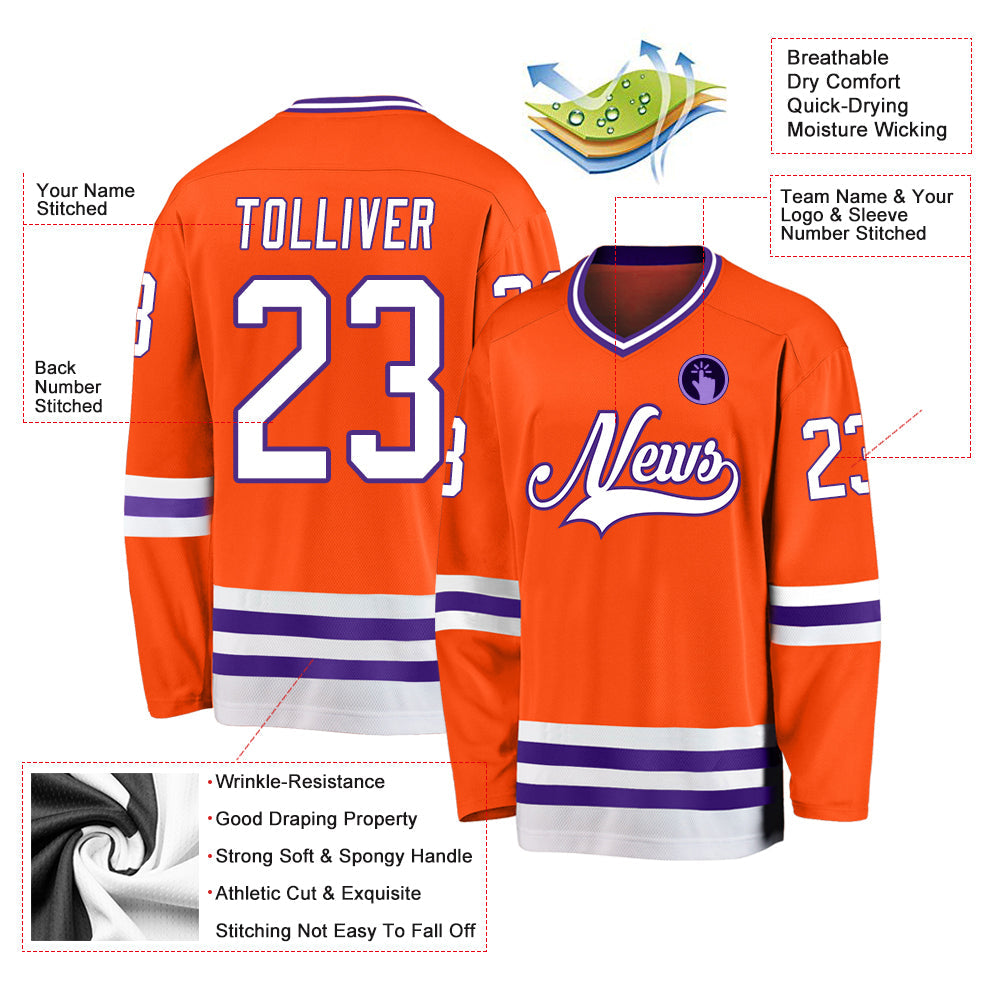 Custom Orange White-Purple Hockey Jersey view 2