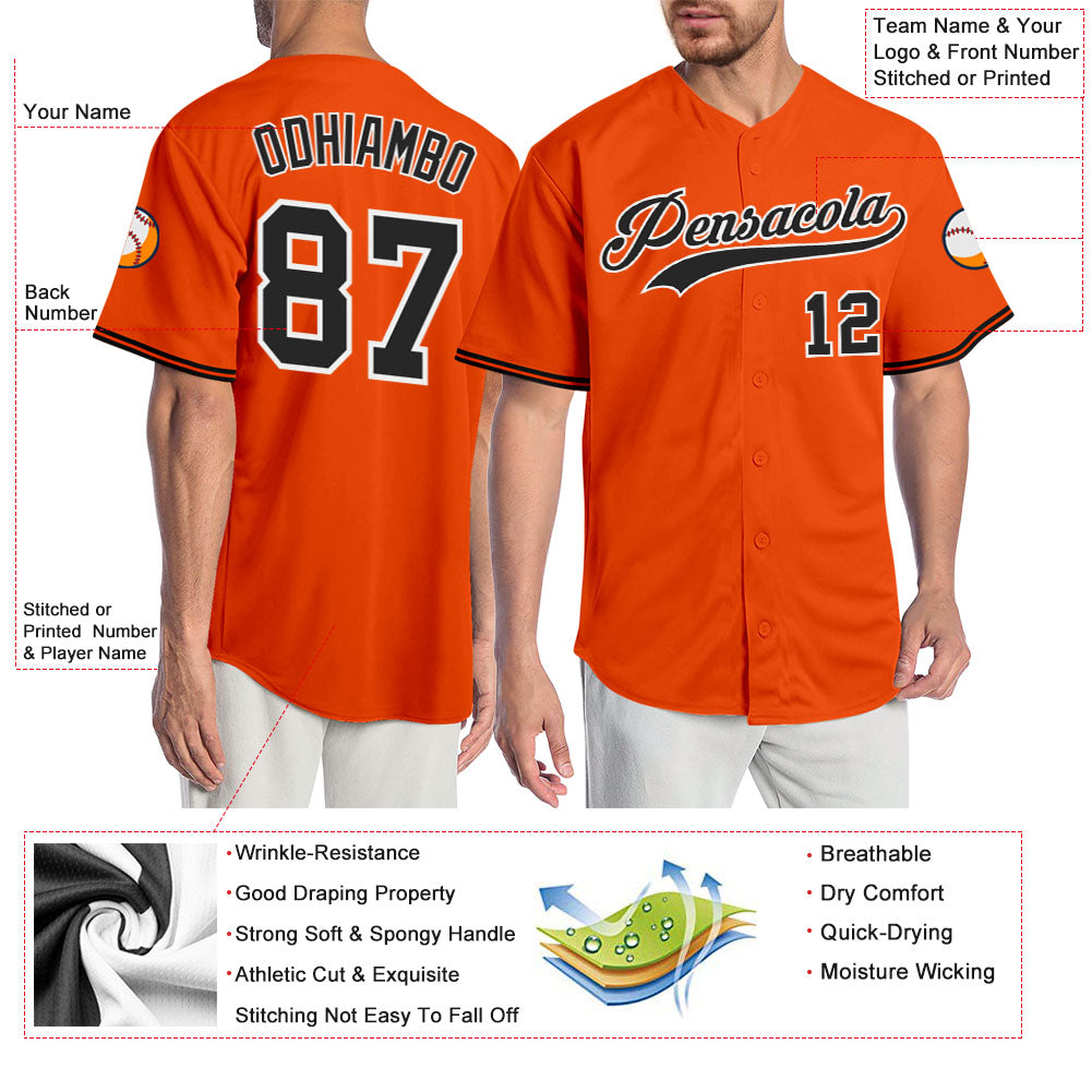 Custom Orange Black-White Authentic Baseball Jersey view 3