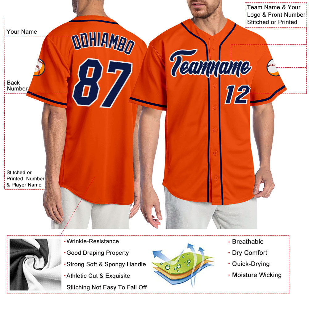 Custom Orange Navy-White Authentic Baseball Jersey view 3