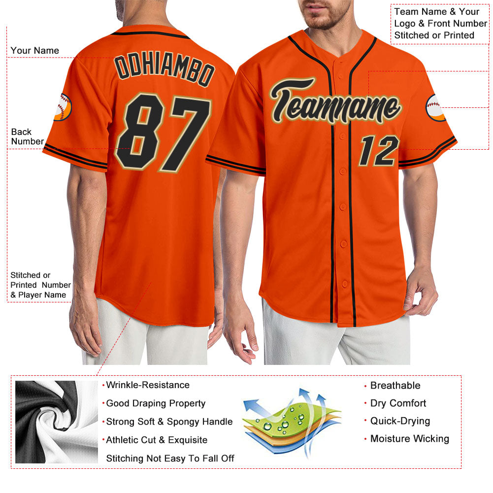 Custom Orange Black-Old Gold Authentic Baseball Jersey view 3