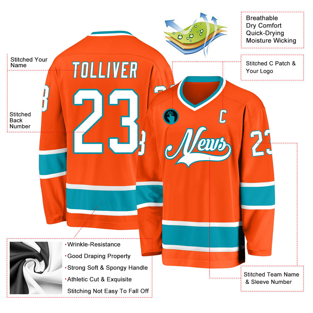 Custom Orange White-Teal Hockey Jersey view 2