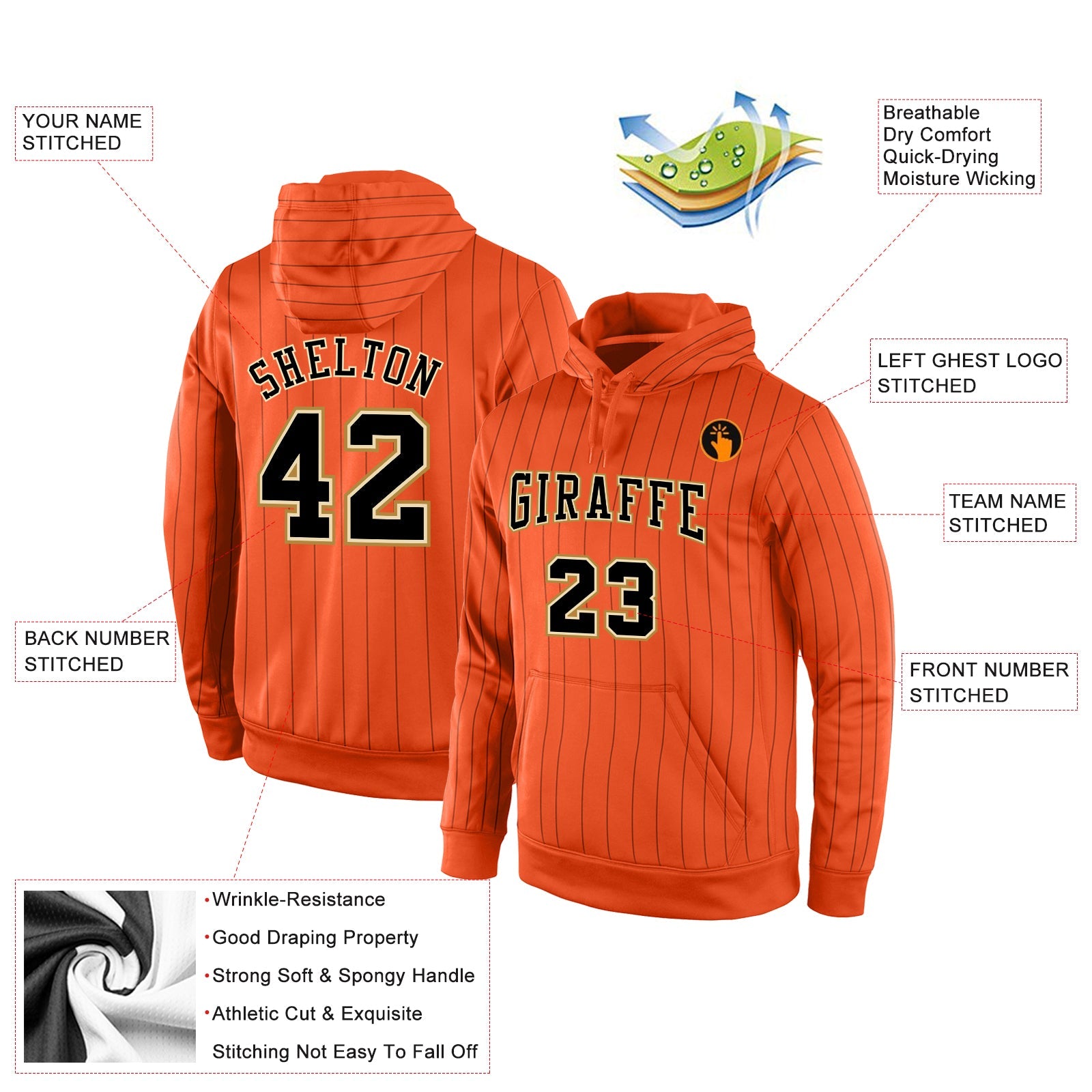 Custom Stitched Orange Black Pinstripe Black-Old Gold Sports Pullover Sweatshirt Hoodie view 2