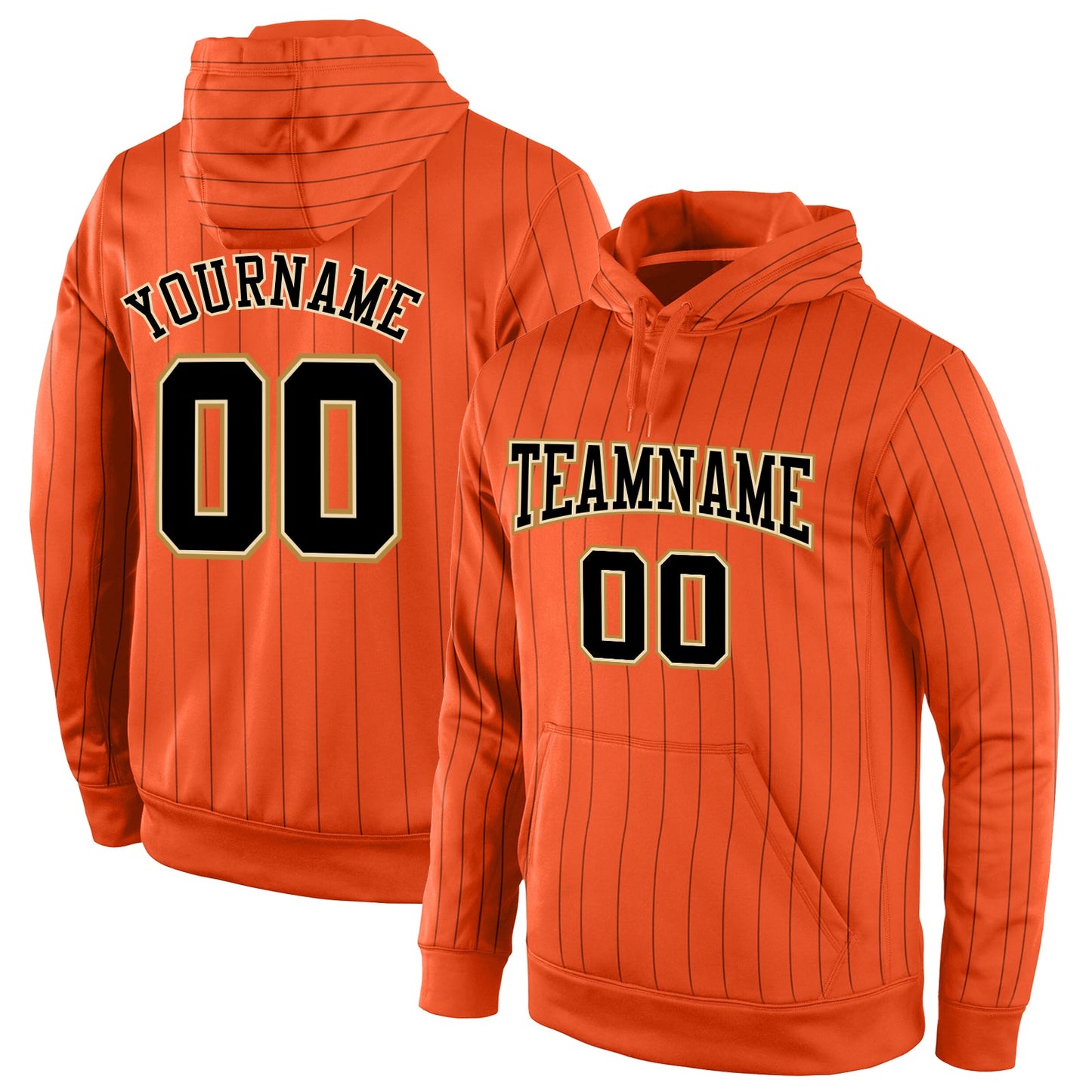 Custom Stitched Orange Black Pinstripe Black-Old Gold Sports Pullover Sweatshirt Hoodie - Main View