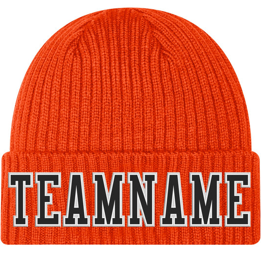 Custom Orange Black-White Stitched Cuffed Knit Hat - Main View