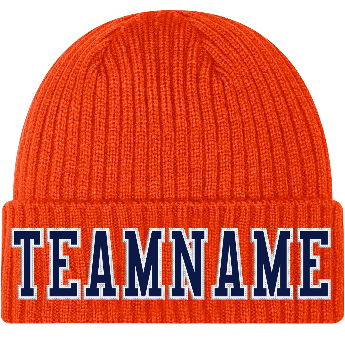Custom Orange Navy-White Stitched Cuffed Knit Hat - Main View